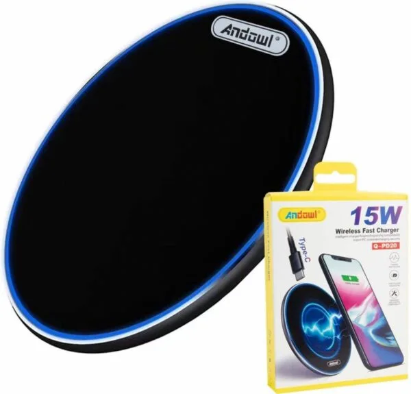 Andowl Q-PD20 15W Fast Wireless Charger – Qi-Certified Charging Pad for iPhone 15/14/13 (MagSafe Compatible), Samsung Galaxy S23/S22, AirPods Pro, All Qi-Enabled Devices