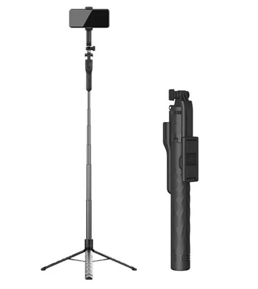 JMARY KT-239: 1.75m Telescopic Selfie Stick Tripod Stand with Cell Phone Clip Rotation Design and Camera Mount Holder- Black