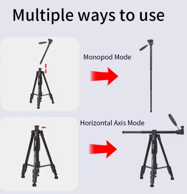 JMARY KP2274: Professional Camera Tripod with Horizontal Rotatable Center Column - Lightweight Travel Aluminum Stand, Black Color - Image 4