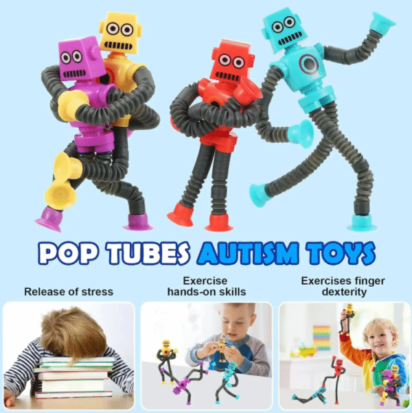 Stretchy Suction Cup Robot Toys – 5 Pack Pop Tube Sensory Toys for Kids, Stress Relief Fidget Toys for Boys & Girls (Random Colors) - Image 3