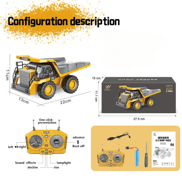 Heavy Duty RC Dump Truck Toy – 1/24 Scale Die-Cast Metal 2.4GHz 9CH Engineering Vehicle for Kids - Image 2