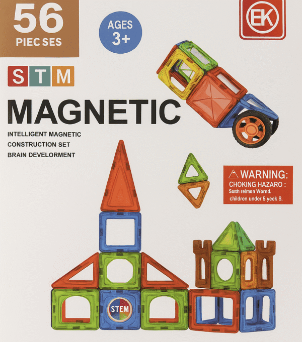 Magnetic Building Blocks Set for Kids – 56 Piece STEM Educational Construction Toy for Ages 3+ | Creative Learning Tiles with Car Wheels, Castle, and Rocket Designs - Image 2