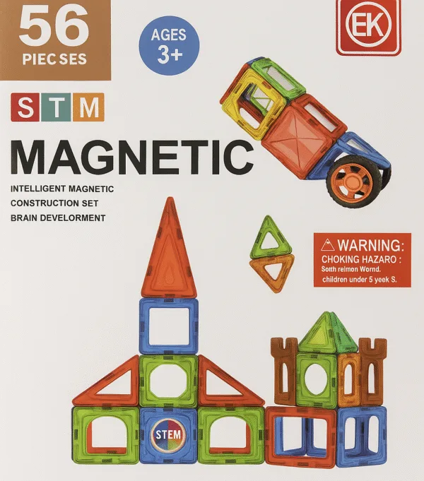 Magnetic Building Blocks Set for Kids – 56 Piece STEM Educational Construction Toy for Ages 3+ | Creative Learning Tiles with Car Wheels, Castle, and Rocket Designs - Image 2