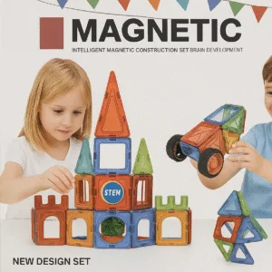 Magnetic Building Blocks Set for Kids – 56 Piece STEM Educational Construction Toy for Ages 3+ | Creative Learning Tiles with Car Wheels, Castle, and Rocket Designs