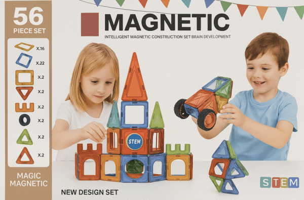 Magnetic Building Blocks Set for Kids – 56 Piece STEM Educational Construction Toy for Ages 3+ | Creative Learning Tiles with Car Wheels, Castle, and Rocket Designs