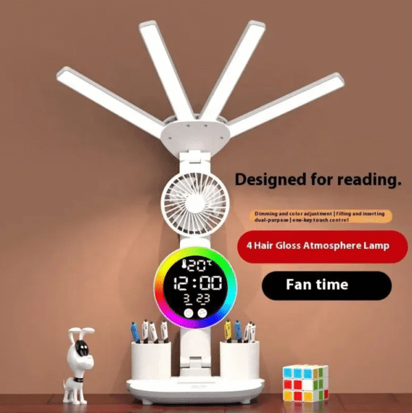 4-in-1 LED Desk Lamp with Clock, Fan & Pen Holder – Touch Control Adjustable Reading Light for Study, Bedroom, Office – Perfect Gift for Students & Professionals