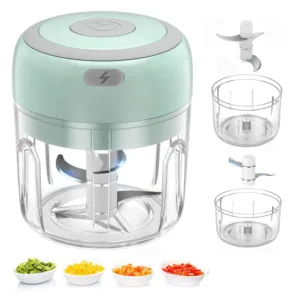Electric Mini Food Chopper – 250ml+100ml Rechargeable Food Processor for Garlic, Onion, Herbs & Fruits | 2-in-1 Blender Cups | 200W Powerful Motor | One-Touch Operation | BPA-Free | Green, White, Pink Colors