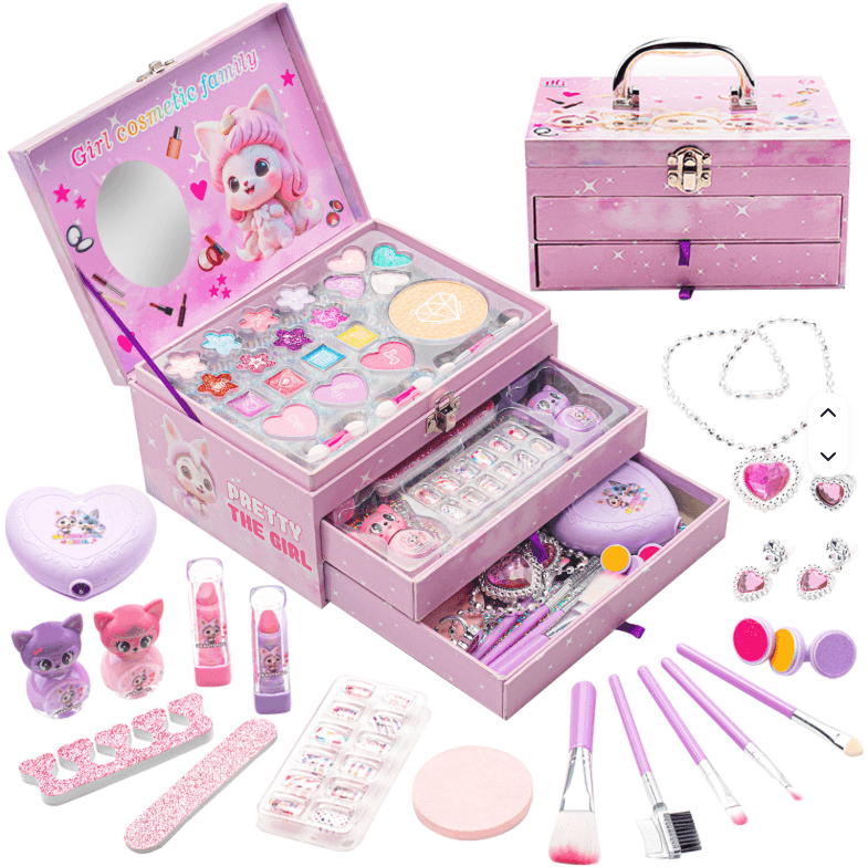 New Style Kids Makeup Kit for Girls – Real Washable Lip Gloss & Eyeshadow Cosmetic Set with Craft Box | Toddler-Friendly Pretend Play Beauty Toy